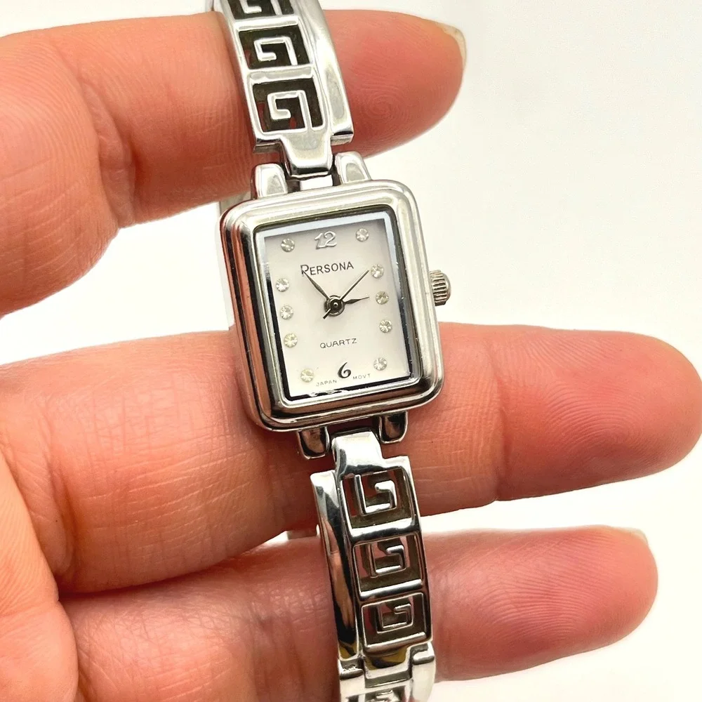 Persona Silver Tone Greek Key Link Bracelet Watch Rectangular Crystal Dial 6in